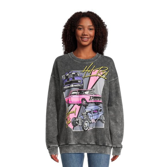No Boundaries Juniors’ Washed Graphic Sweatshirt, Sizes XS-XXXL-Black Shoot - Picture 1 of 5
